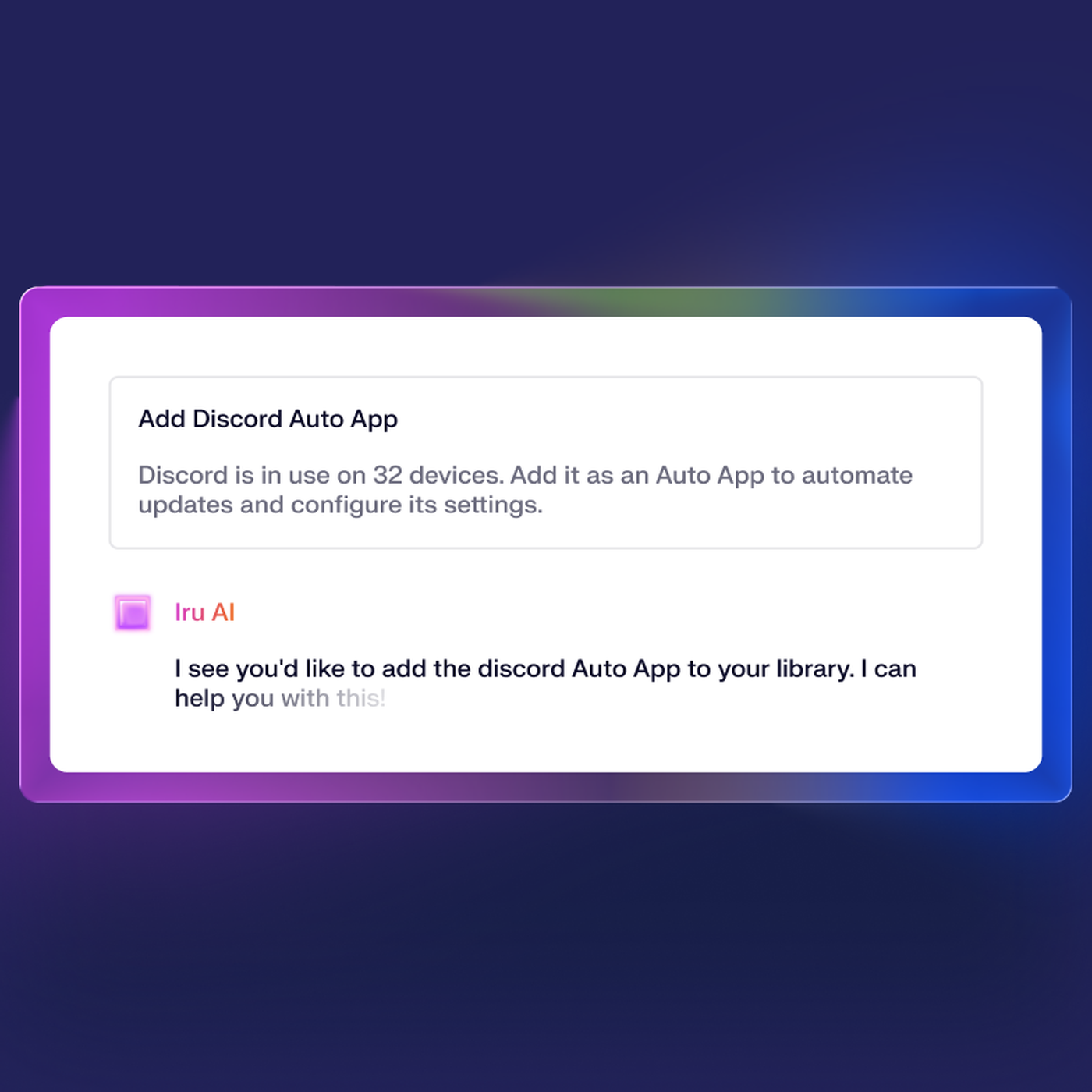 UI prompt for adding Discord Auto App, mentioning its use on 32 devices and offering assistance with configuration and updates.