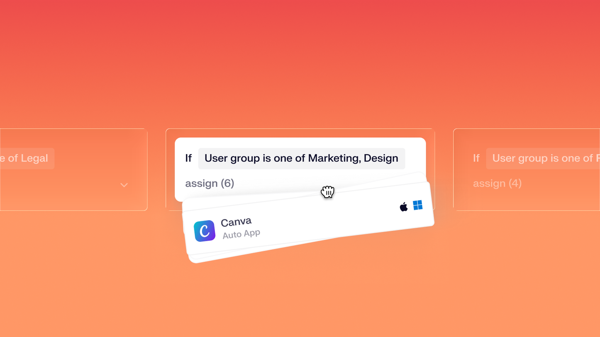 Abstract product UI showing someone assigning apps to a Marketing and Design user group. Canva is a visible app in the top of the stack.