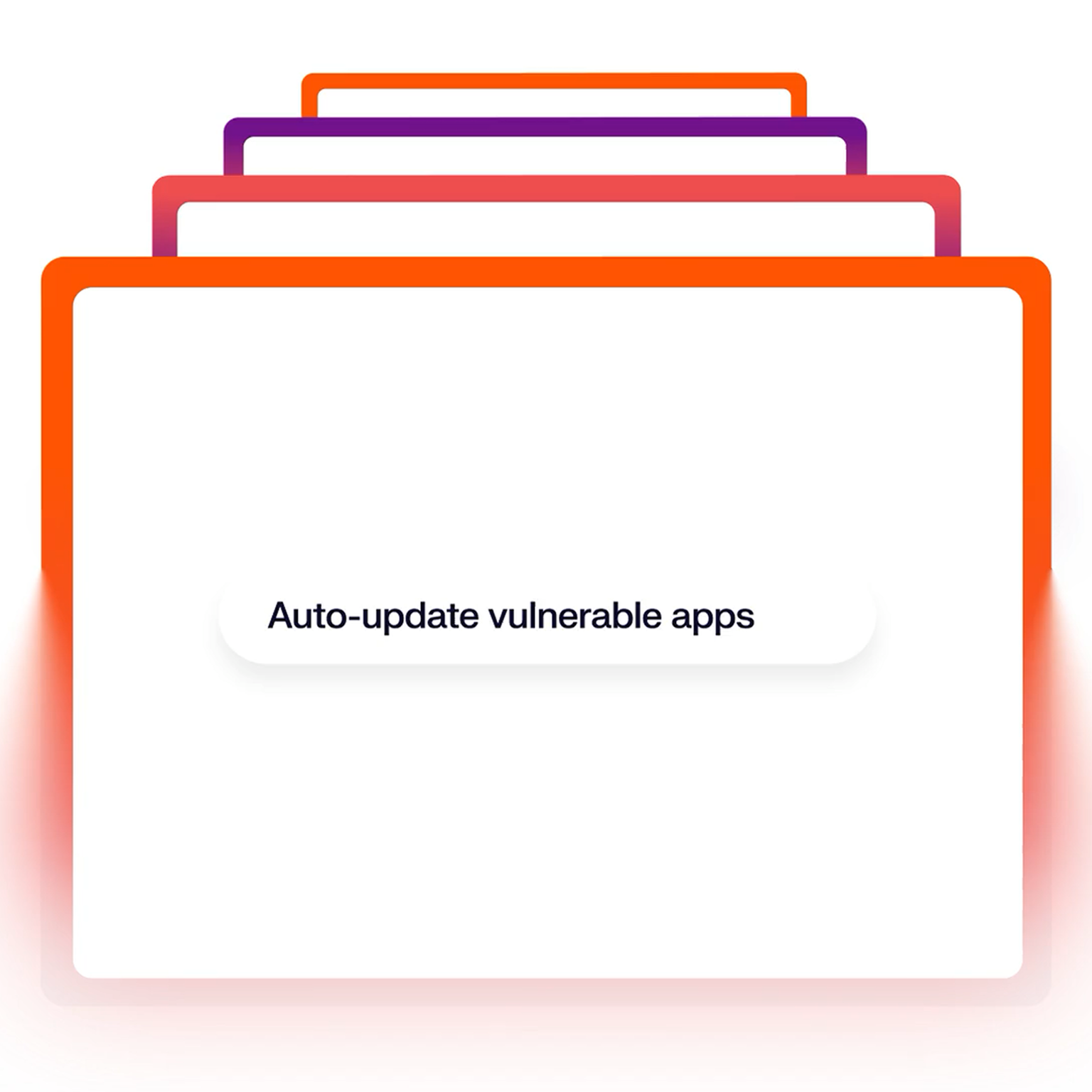 A stack of abstracted product UI from the Endpoint product. The first panel is showing a button to auto-update vulnerable apps