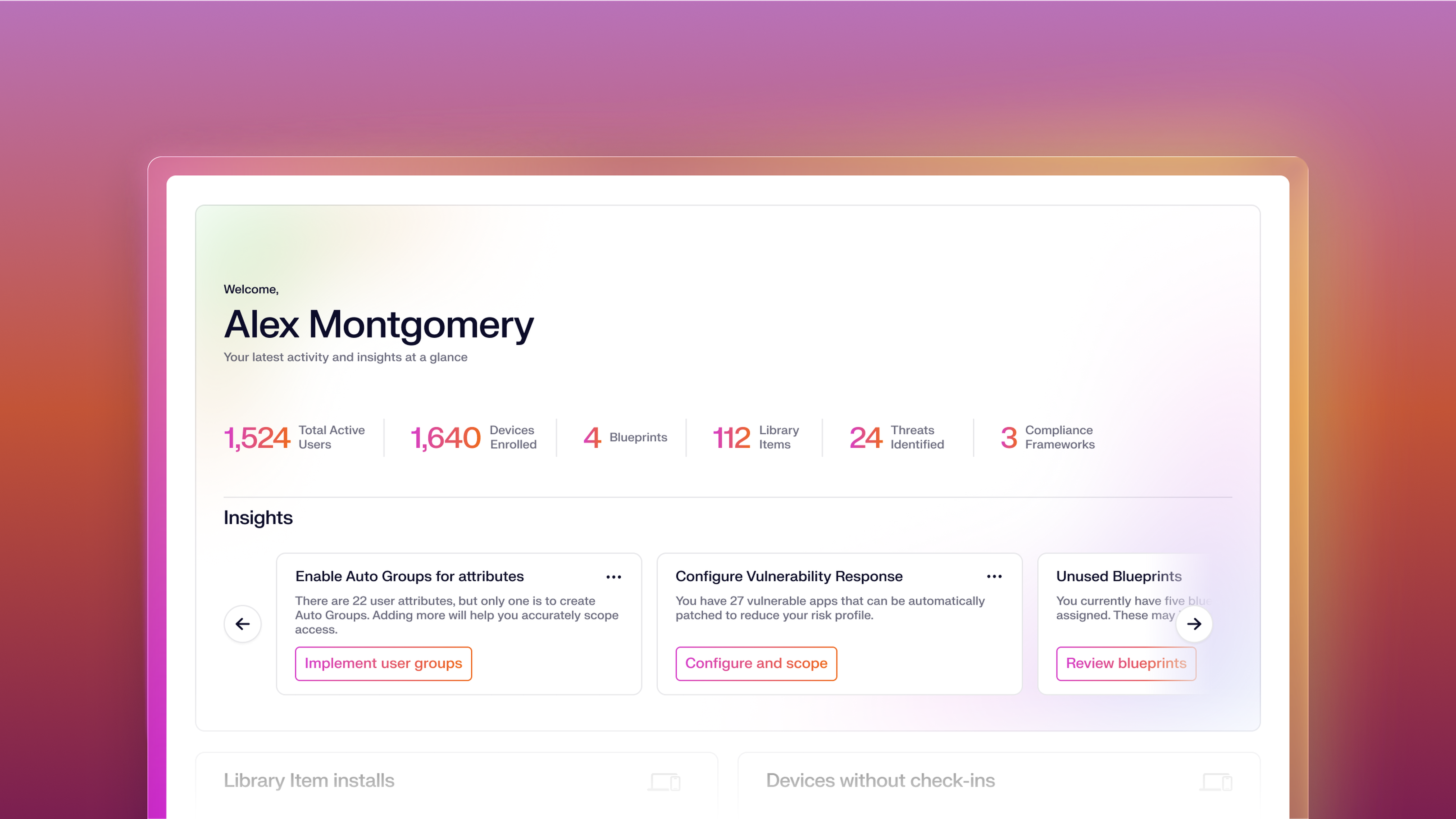 Dashboard with user stats: active users, devices enrolled, blueprints, library items, teams, compliance frameworks. Insights section below.