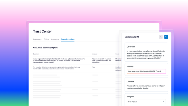 A window showing a user editing their Trust Center questionare