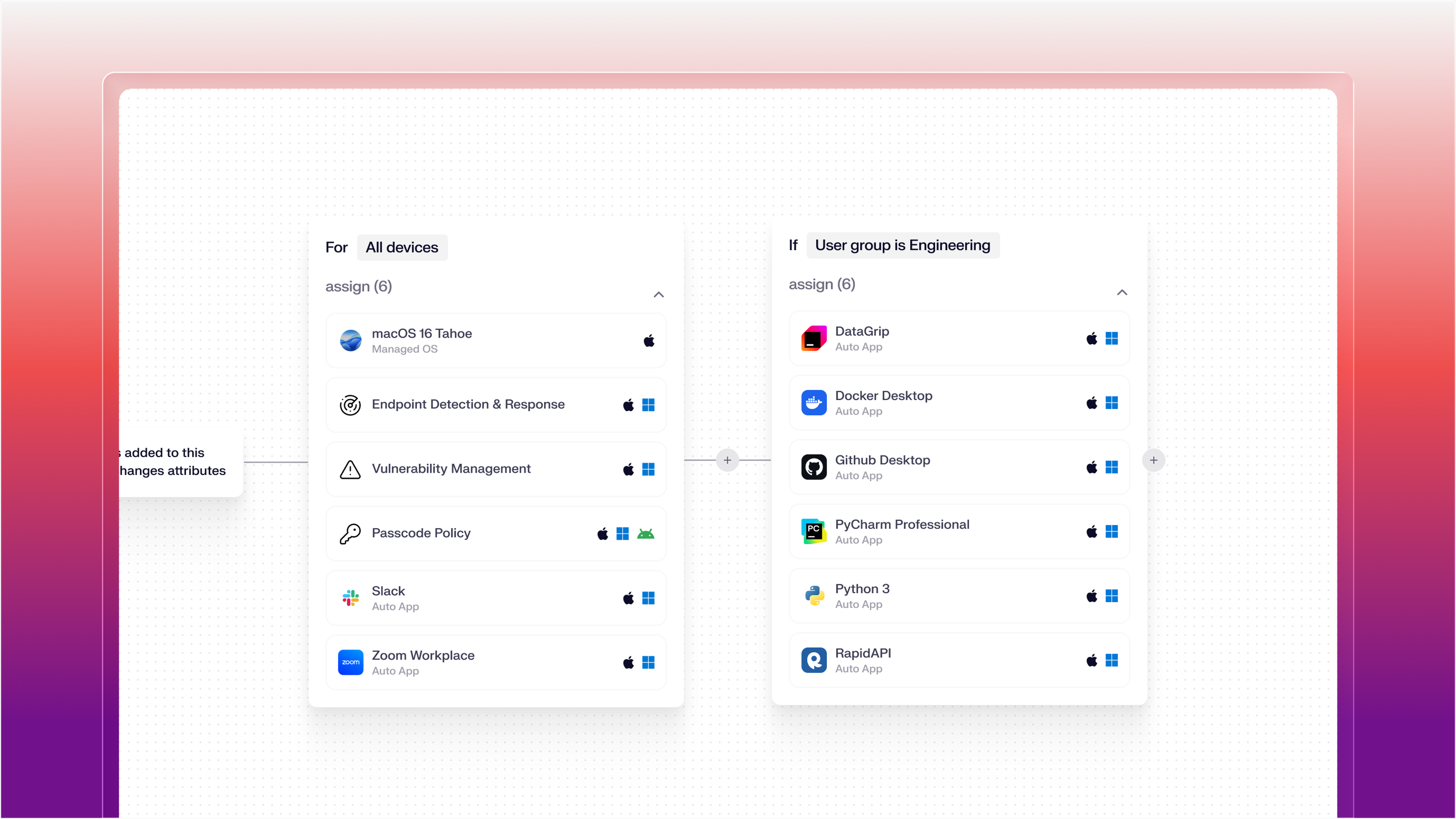 Dashboard displaying software assignments for devices and user groups, featuring macOS, Docker, GitHub, Python, and Zoom applications.
