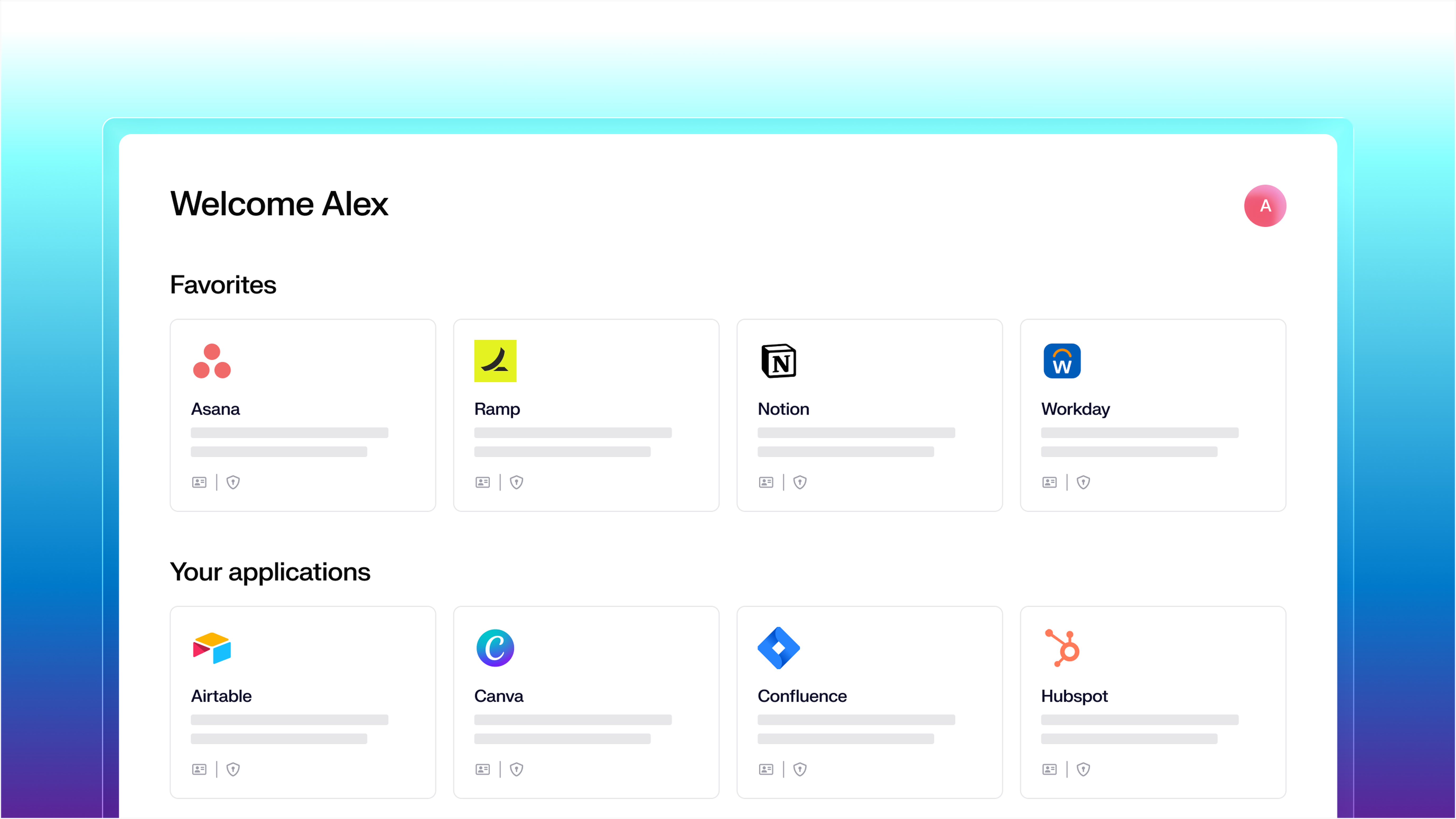 A window showing a user's Iru dashboard, where their assigned apps are displayed. They have a Favorites row with Asana, Ramp, Notion, and Workday. Below are all their assignments, with Airtable, Canva, Confluence, and Hubspot visible.