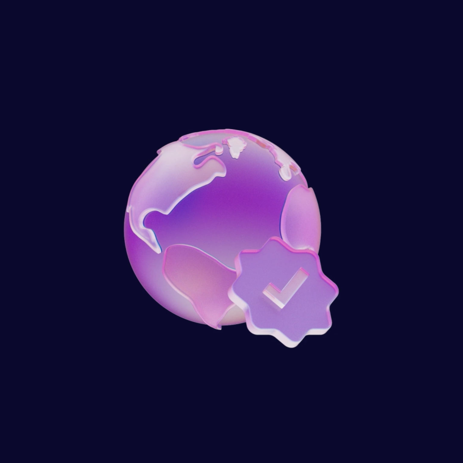 A purple, stylized globe with a checkmark inside a gear icon, set against a dark background.