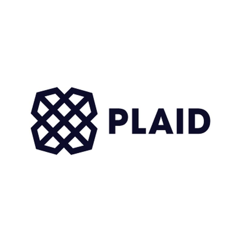 Plaid logo with a dark geometric pattern resembling a woven design, next to the word "PLAID" in bold, dark lettering on a white background.