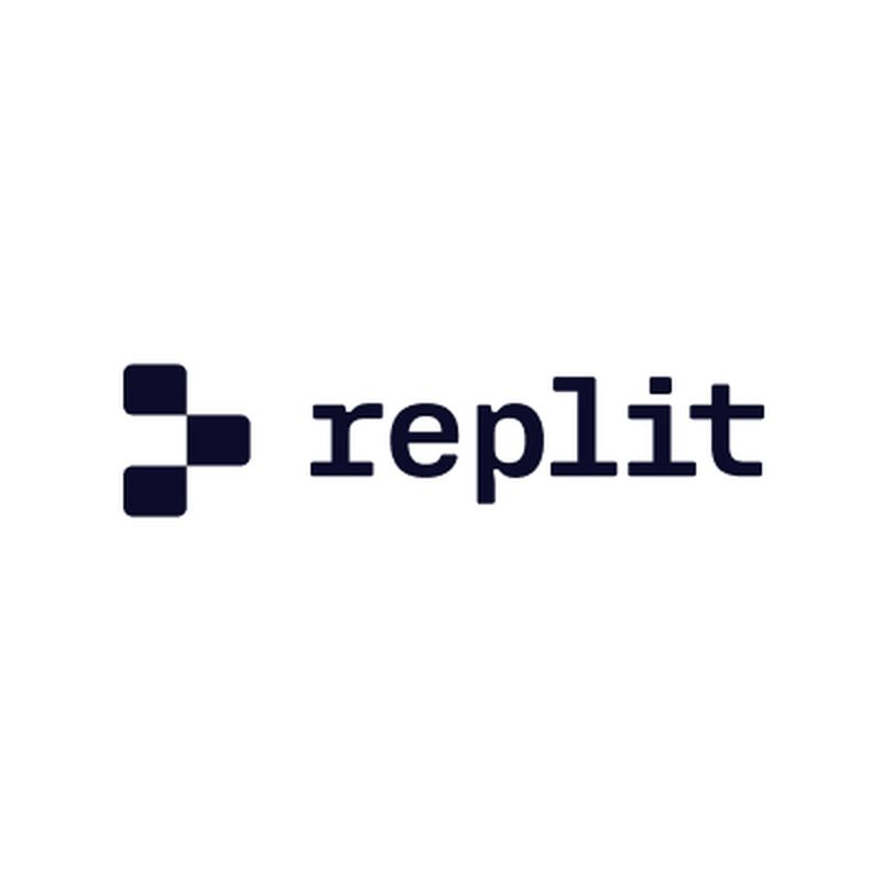 Replit logo featuring a stylized black cross-like design next to the word "replit" in lowercase black letters.