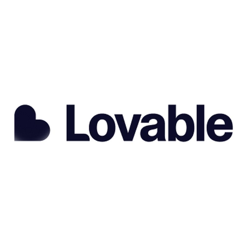 The image shows the word "Lovable" in bold, dark font with a heart shape to the left of the text.
