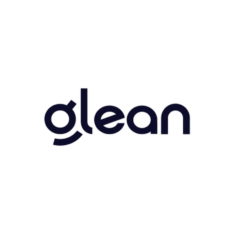 The image shows the word "glean" in lowercase, black letters with a stylized "g" on a white background.