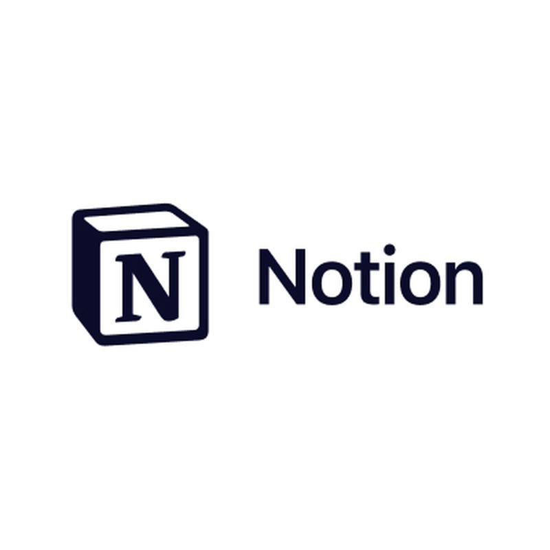 Notion logo featuring a stylized black "N" inside a 3D cube, with the word "Notion" in bold black text to the right.