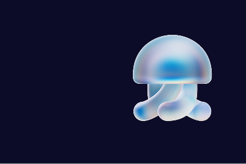 A translucent, glowing Iru jellyfish logo with a blue hue floats against a dark background.