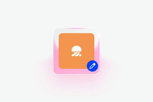 Abstracted UI showing the branding capabilities of the Iru Trust Center. A pencil icon is below a jellyfish logo, showing it can be edited.