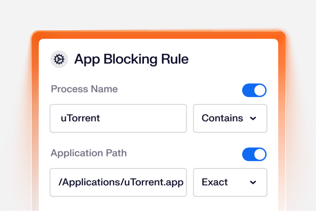 App blocking rule interface showing settings for blocking uTorrent, with toggles and options for process name and application path.