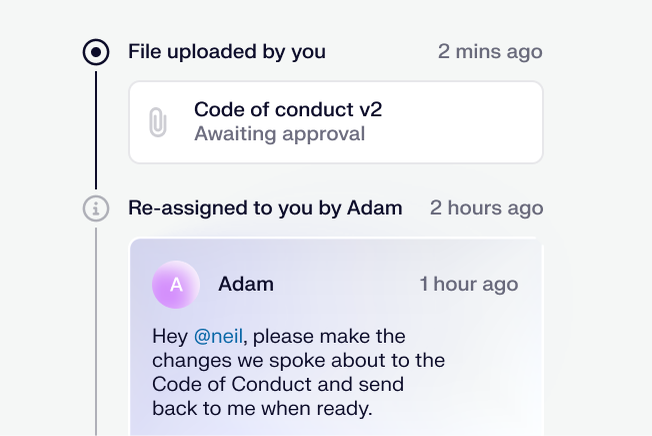 Screenshot of a task management app showing a file upload notification and a message from Adam requesting changes to a document.