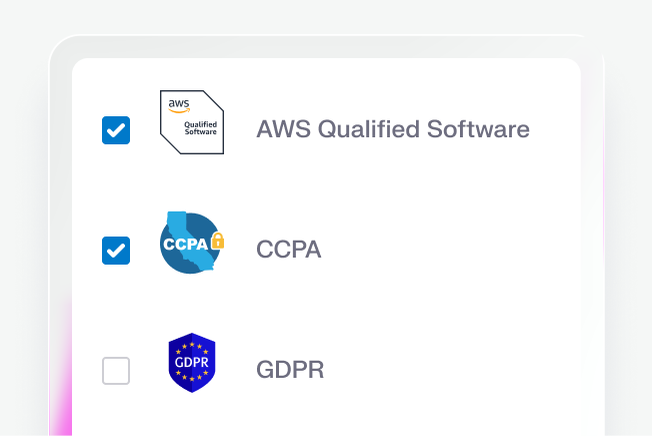 UI showing Trust Center selection options. AWS Qualified Software and CCPA are selected.