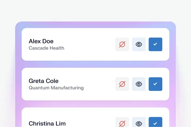 A user interface showing a list with names, companies, and icons for visibility and selection, on a gradient background.