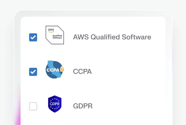 Checklist with three items: AWS Qualified Software, CCPA, and GDPR. AWS and CCPA are checked, GDPR is unchecked.