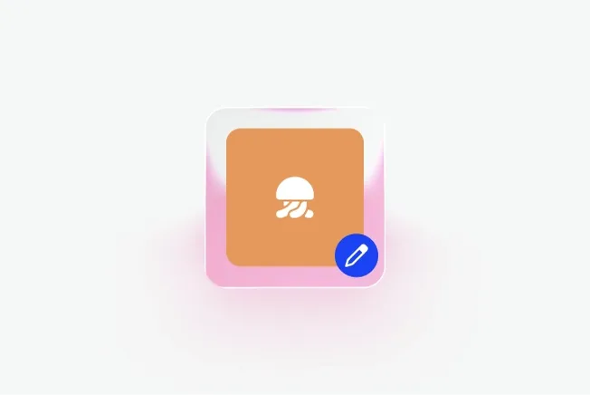 Icon of a white jellyfish on an orange square with a pink border, featuring a small blue pencil symbol in the corner.