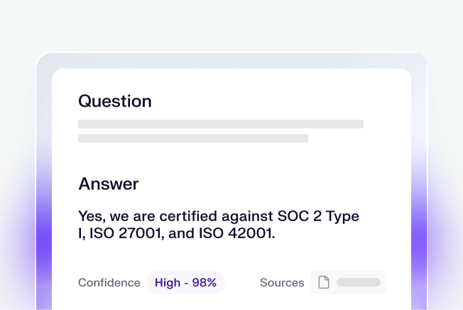 UI showing an answer to a Trust Center question, with its Confidence score at 98%, and an abstracted source attachment