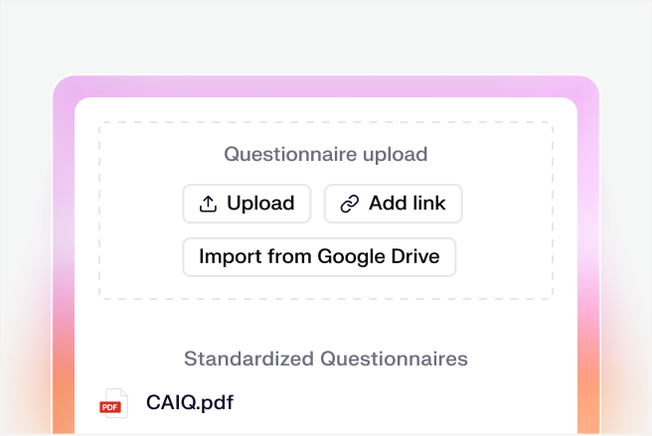 UI showing a questionnaire editing screen, with options to upload, add a link, or import from Google Drive