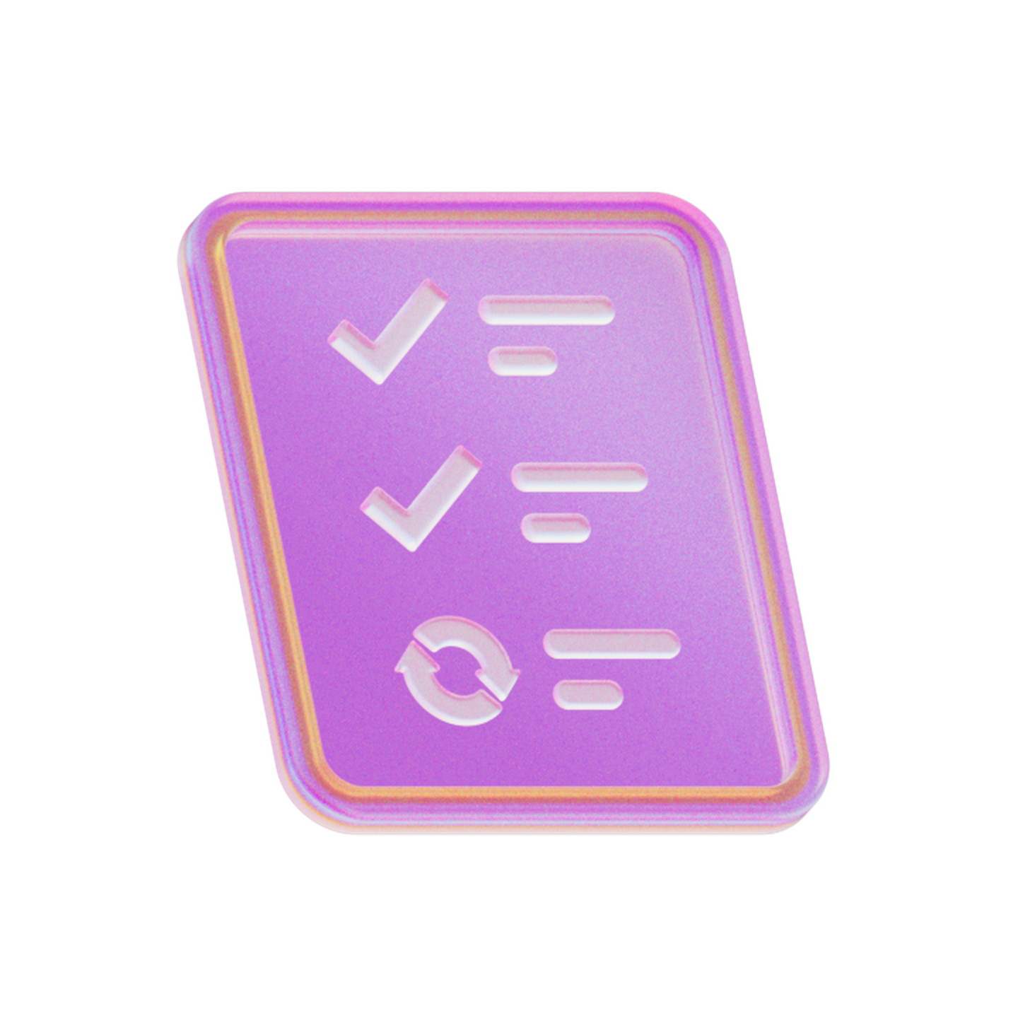 A purple 3D icon with checkmarks, lines, and a refresh symbol on a tilted rectangular surface.