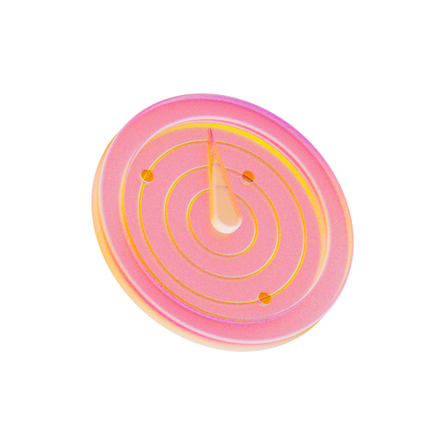 A pink and orange circular disc with concentric rings and a central spike, resembling a futuristic spinning top, on a light background.