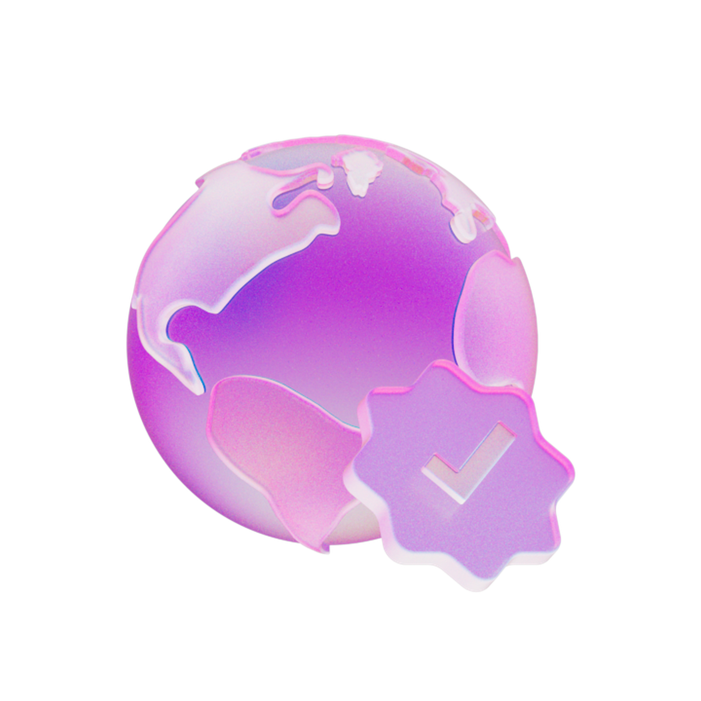 A pink and purple 3D globe with a checkmark inside a gear icon in the foreground, symbolizing global approval or verification.