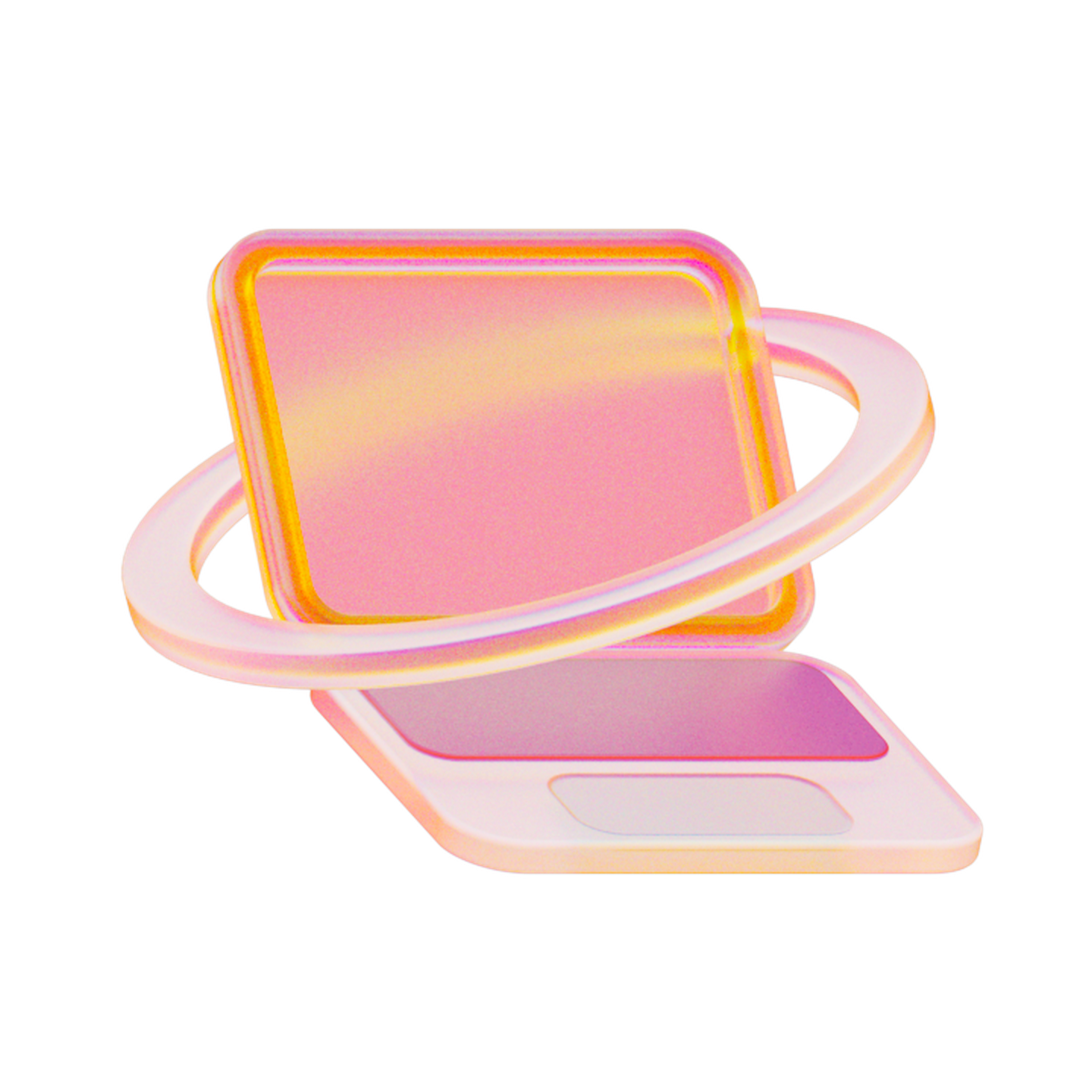 A stylized, futuristic pink and orange laptop with a glowing ring orbiting around it, set against a light gray background.