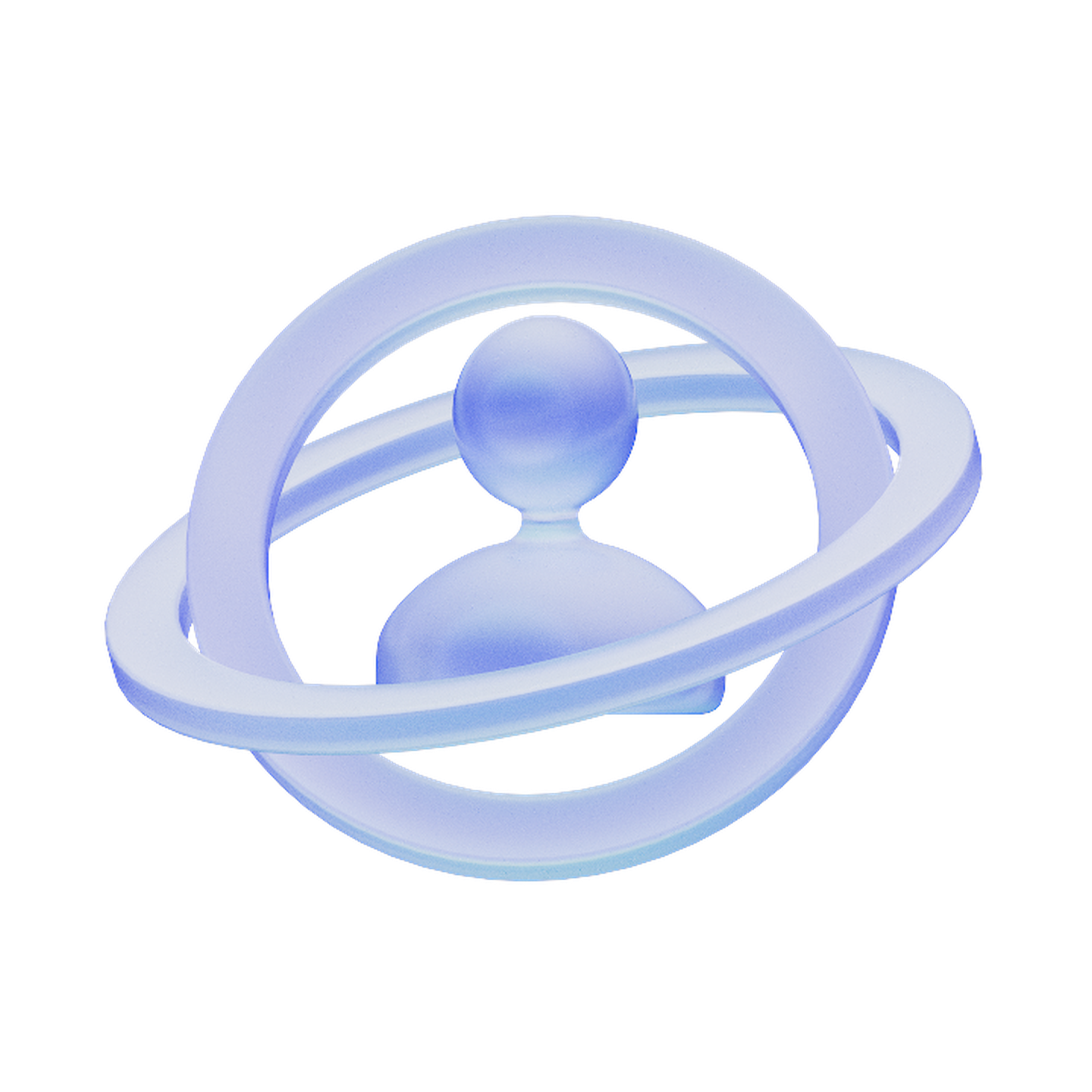 A stylized, translucent blue figure encircled by two overlapping rings, resembling a planet with rings, on a light background.