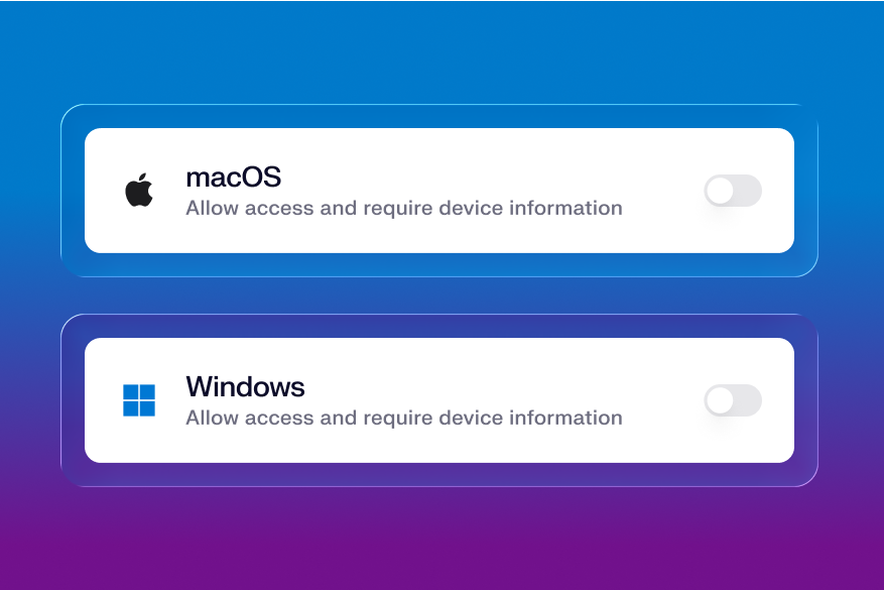 Toggle switches for macOS and Windows access, both set to off, on a gradient blue and purple background.