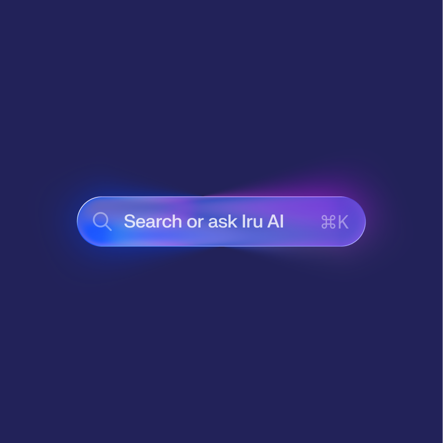 Glowing search bar on a dark blue background with the text "Search or ask Iru AI" and a command key symbol.