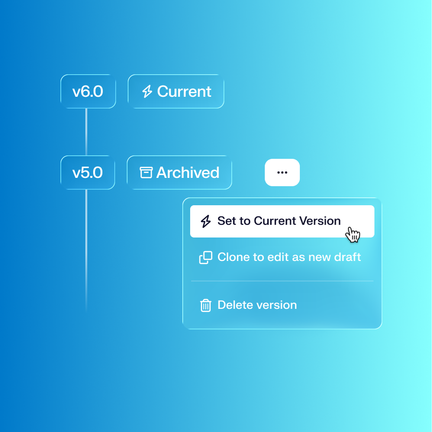 Interface showing version control options with versions v6.0 and v5.0. Options include setting current, cloning, and deleting.