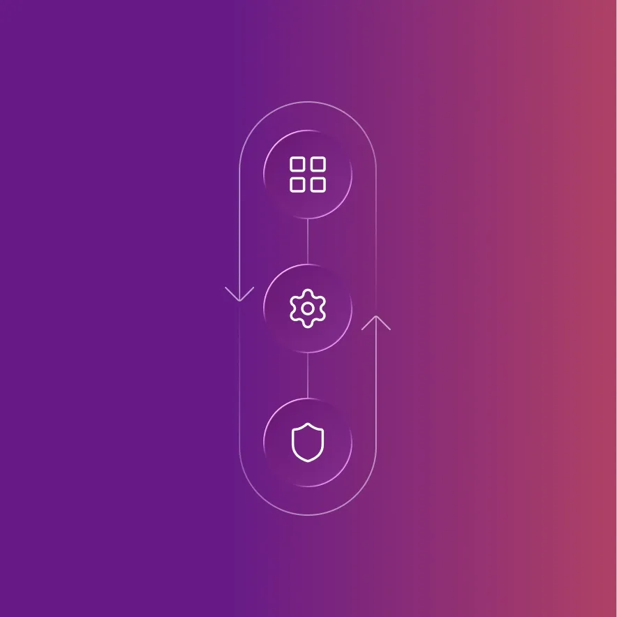 Abstract design with three white icons—grid, gear, shield—connected vertically on a purple to pink gradient background.