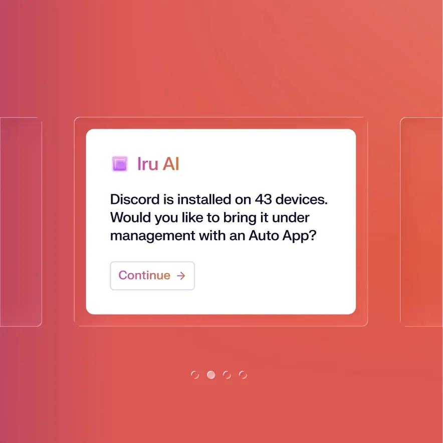 A notification from Iru AI asking if Discord should be managed with an Auto App, displayed on a gradient red background.