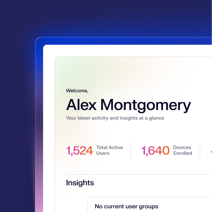 Iru admin dashboard showing Alex Montgomery's overview with 1,524 total active users, 1,640 devices enrolled, and a crop of further insights.