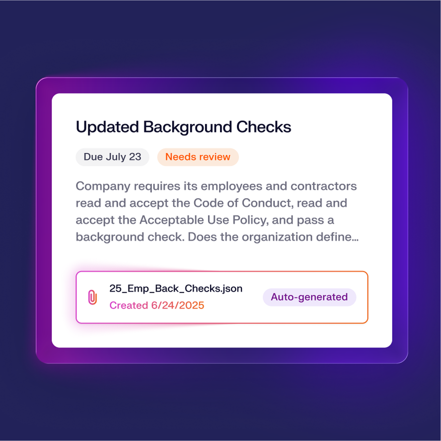 Compliance notification card titled “Updated Background Checks” showing a due date, review status, and an attached auto-generated JSON file.