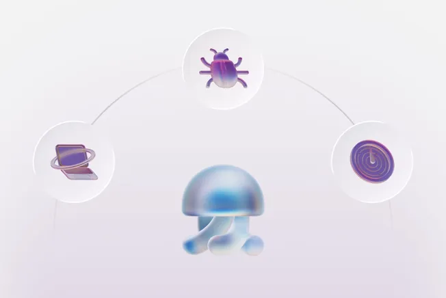 A Iru jellyfish logo connected to three circular icons: a bug, a laptop with a ring, and a radar.