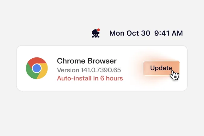 A user's cursor hovers over an "Update" button within a system notification alerting them to update their Chrome Browser to the the most recent version. A caption says that it will auto-install in 6 hours. The Iru jellyfish app icon has a notification symbol just above.