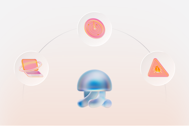 A central blue jellyfish icon connected to three circular icons: a laptop, a swirl, and a warning sign with a sun symbol.
