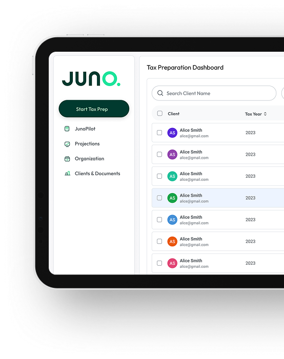 Juno tax preparation dashboard