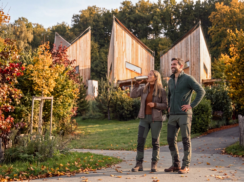 Ein Pärchen bereitet sich auf die Wanderung in der Donauregion zwischen den Sternenhimmelchalets im IKUNA vor.