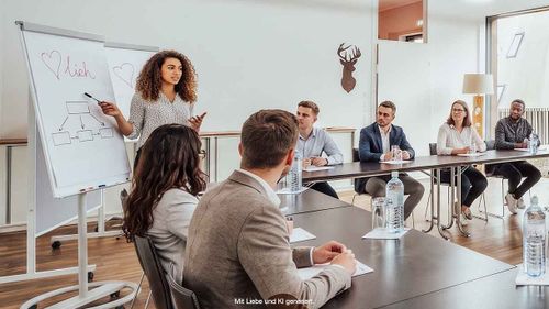 IKUNA Seminarbox Eine Geschäftsfrau präsentiert einem vielfältigen Team in einem hellen Konferenzraum im IKUNA Seminarresort Ideen auf einem Whiteboard; die Kollegen hören aufmerksam zu und machen sich Notizen.