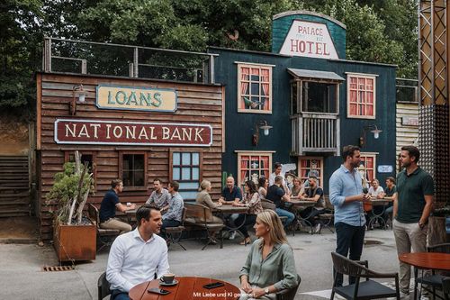 IKUNA City als Seminarlocation Café im Freien in der IKUNA Wasterncity, wo die Gäste unter den Schildern „Loans“, „National Bank“ und „Palace Hotel“ speisen; entspannte, lebhafte Atmosphäre.