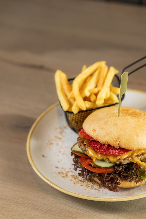MIRACULIX Burger Ein Teller mit einem Cheeseburger, gefüllt mit Salat, Tomate und Gurke, daneben Pommes Frites in einem kleinen Metallkorb.