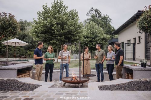 IKUNA Campinglodge Grillstelle Sieben Businesskollegen unterhalten sich um eine kleine Feuerstelle neben der IKUNA Campinglodge und schaffen so eine entspannte, einladende Atmosphäre für ein Beisammensein im Garten.
