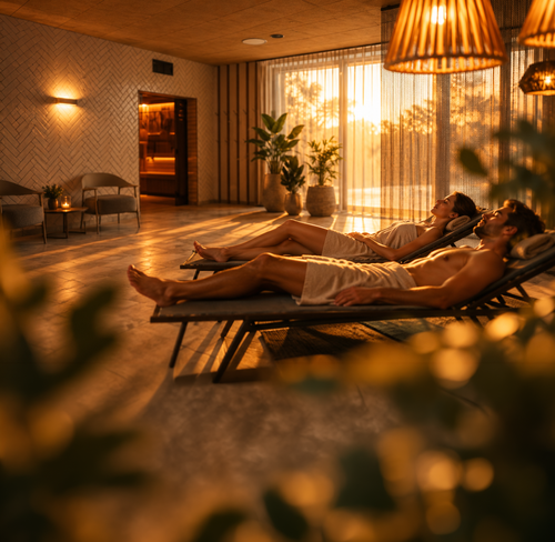 IKUNA Spa und Wellnesswelt Relaxe Zone Zwei Personen entspannen sich auf Liegen im Wellnessbereich bei Sonnenuntergang, warmes Licht und Pflanzen schaffen eine ruhige Atmosphäre.