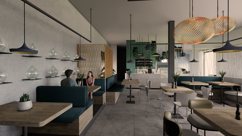 Modernes Café-Interieur mit blaugrünen Sitznischen und Holztischen. Zwei Personen sitzen dort, darüber hängen Pendelleuchten. Die grüne Wand und die Pflanzen sorgen für eine gemütliche Atmosphäre.