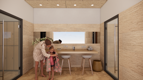 Familienfreundlicher Umkleidebereich im IKUNA Hallenbad mit modernen Waschtischen und großzügigem Platz für Eltern und Kinder.