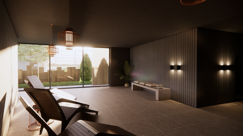 Moderner Ruhebereich im IKUNA Hallenbad – gemütliche Relaxliegen und stilvolles Wellnessambiente für entspannte Auszeiten im IKUNA Naturresort.