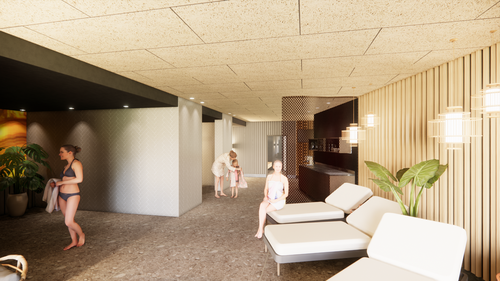 Moderner Wellness- und Ruhebereich im IKUNA Hallenbad – komfortable Liegen und stilvolles Ambiente für entspannte Familienmomente in Natternbach.