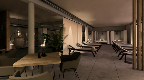 Moderner Spa-Bereich im IKUNA Hallenbad mit Ruheliegen und privaten Ruhekojen für Hotelgäste.